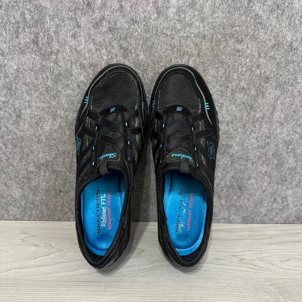 Skechers Relaxed Fit Sneakers Womens 6 Black Blue Bungee Slip On‎ Memory Foam